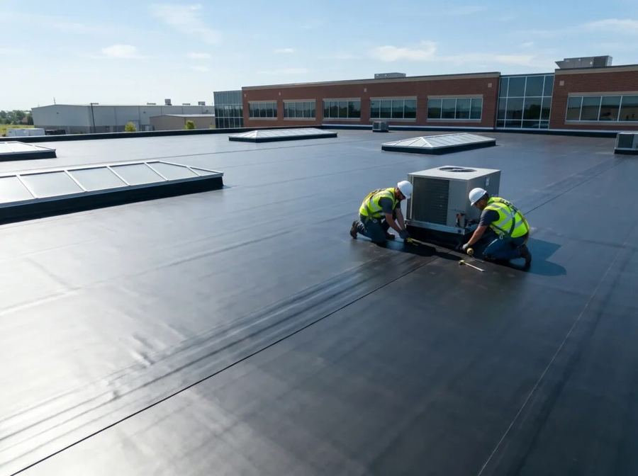 Crew installing a rooftop HVAC curb on a commercial roof
