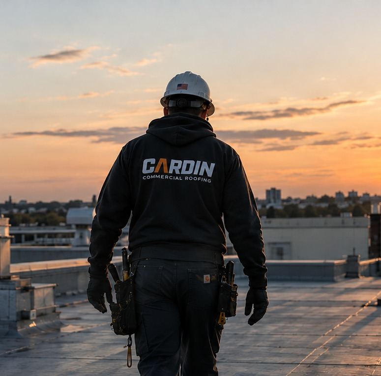Cardin Commercial Roofing crew member in a Cardin sweatshirt walking a commercial rooftop at sunset