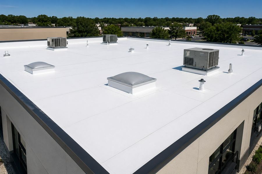 Aerial view of a completed commercial roof with rooftop HVAC units and skylights
