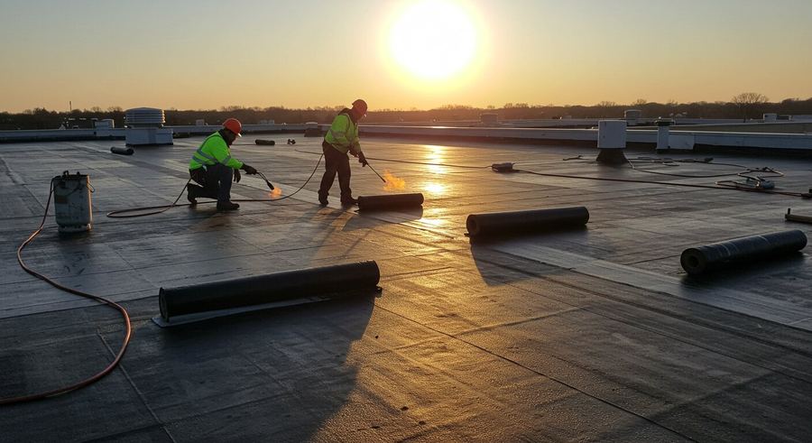 Roofing crew torch-applying modified bitumen roofing at sunset